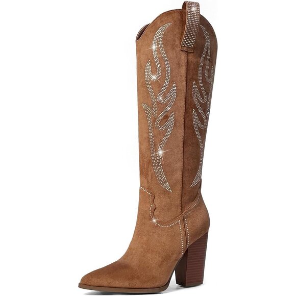 Celbreez Brown Suede Knee High Western Fusion Boots Women Embroidered Rhinestone - Picture 2 of 8